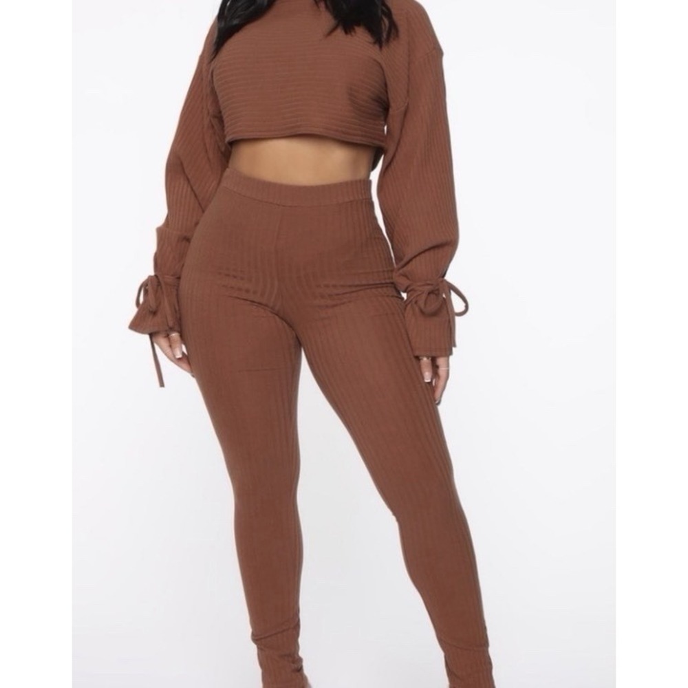 Fashion Nova Two Piece Matching Pant Set Brown Ribbed Crop Top